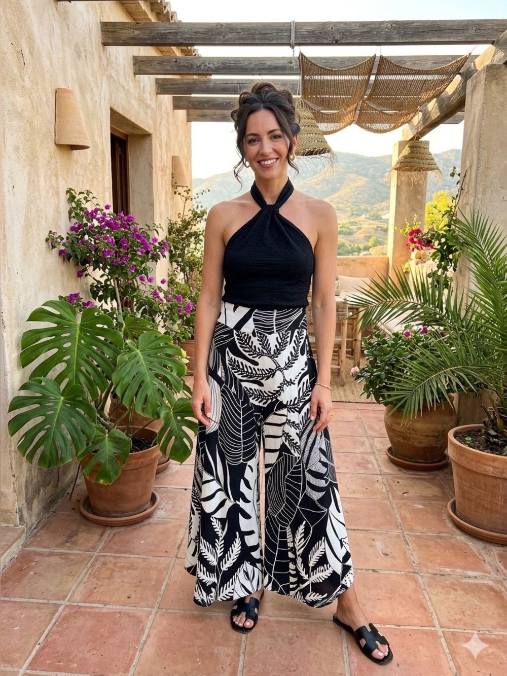 NWT FARM Rio Black & White Striped Leaf Palazzo Pants